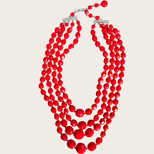 Vintage Made in Germany Four-Strand Red Faceted Glass Bead Necklace – Graduated Mid-Century Statement Jewelry
