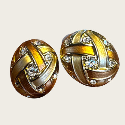 1990s Carucci Brushed Gold & Rose Gold Oval Clip-On Earrings with Rhinestones