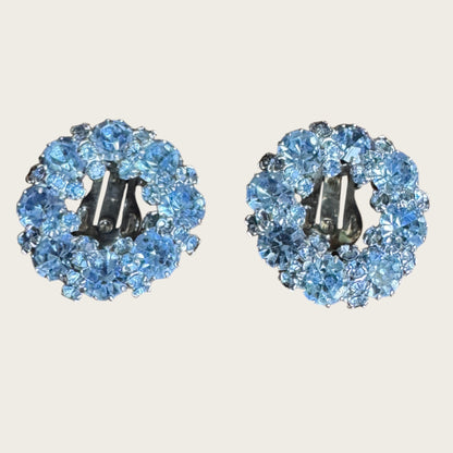 Vintage Weiss Blue Rhinestone Halo Clip-On Earrings – Silver Tone Statement