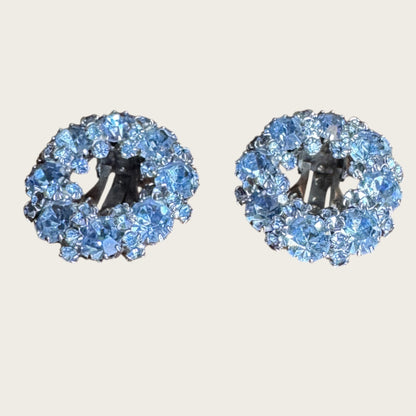 Vintage Weiss Blue Rhinestone Halo Clip-On Earrings – Silver Tone Statement