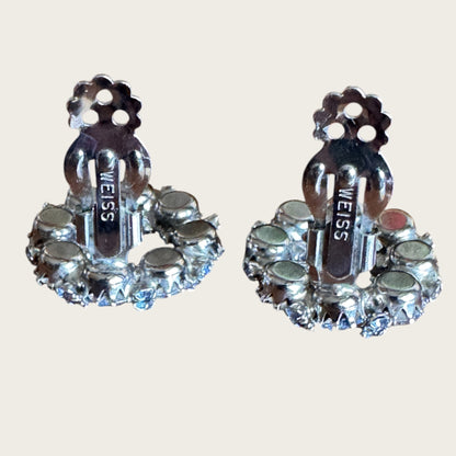 Vintage Weiss Blue Rhinestone Halo Clip-On Earrings – Silver Tone Statement
