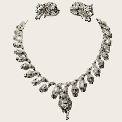 The Sapphire Leopard — Articulated Leopard Necklace & Clip-On Earrings Set (Unsigned, Vintage)