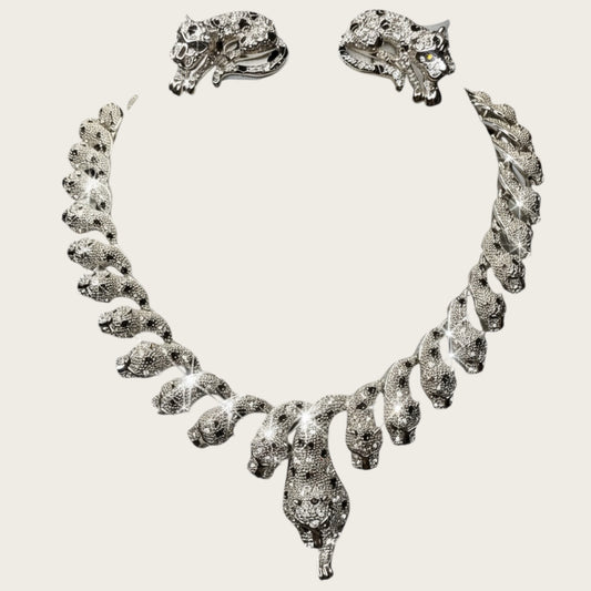 The Sapphire Leopard — Articulated Leopard Necklace & Clip-On Earrings Set (Unsigned, Vintage)