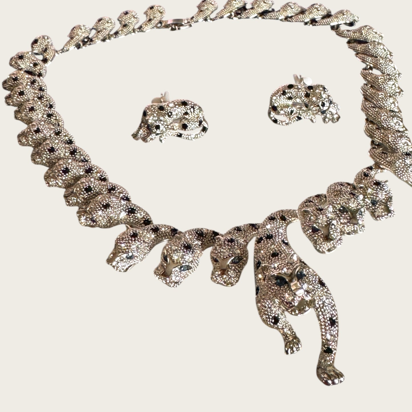 The Sapphire Leopard — Articulated Leopard Necklace & Clip-On Earrings Set (Unsigned, Vintage)