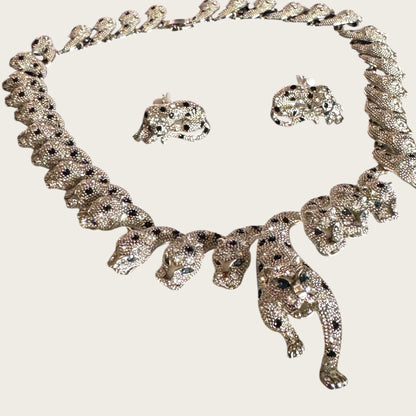 The Sapphire Leopard — Articulated Leopard Necklace & Clip-On Earrings Set (Unsigned, Vintage)