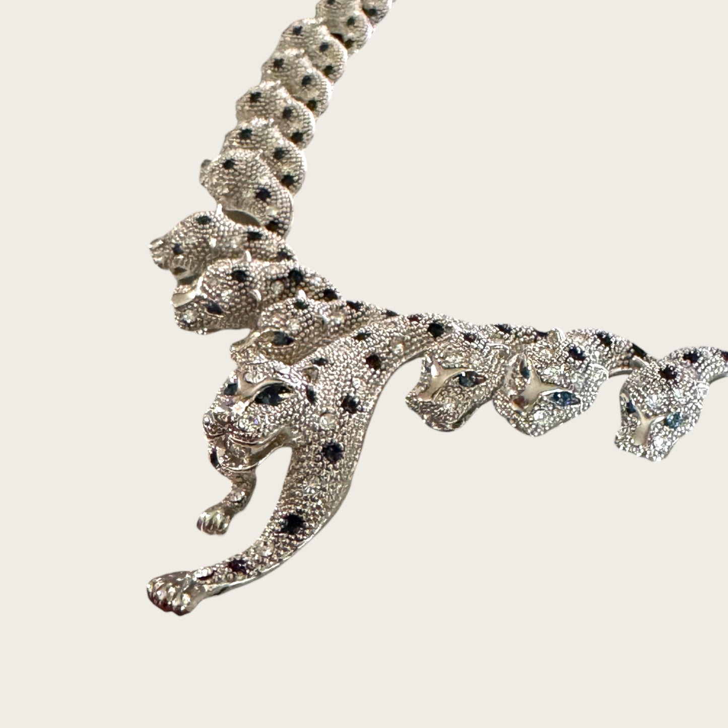 The Sapphire Leopard — Articulated Leopard Necklace & Clip-On Earrings Set (Unsigned, Vintage)