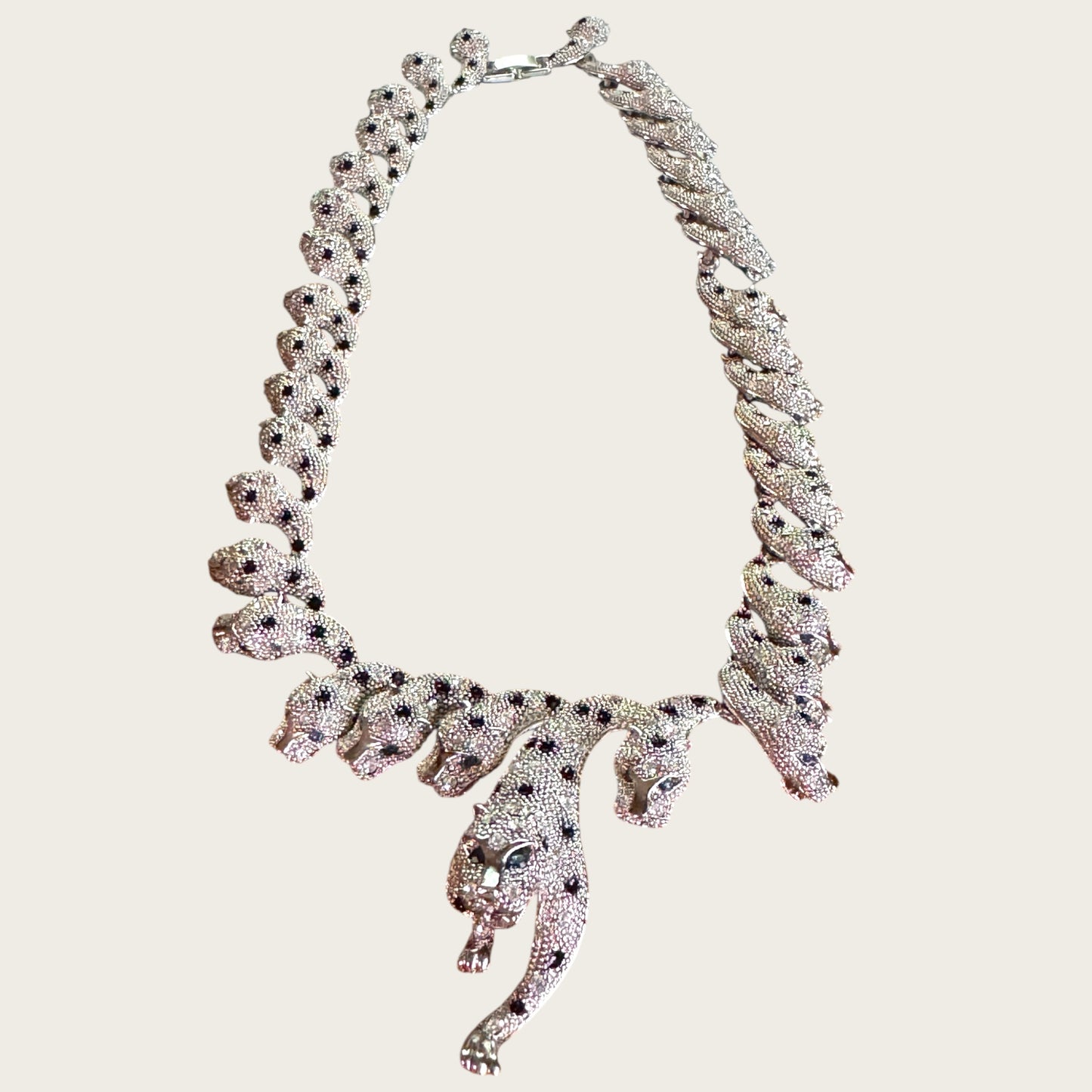 The Sapphire Leopard — Articulated Leopard Necklace & Clip-On Earrings Set (Unsigned, Vintage)