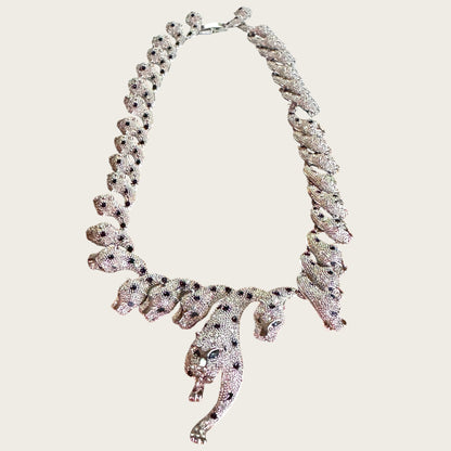 The Sapphire Leopard — Articulated Leopard Necklace & Clip-On Earrings Set (Unsigned, Vintage)