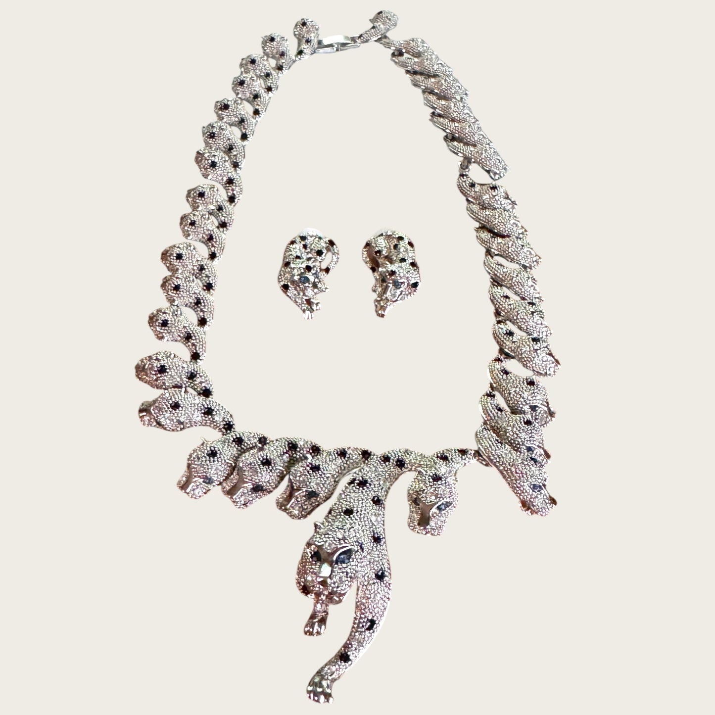 The Sapphire Leopard — Articulated Leopard Necklace & Clip-On Earrings Set (Unsigned, Vintage)