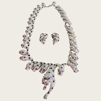 The Sapphire Leopard — Articulated Leopard Necklace & Clip-On Earrings Set (Unsigned, Vintage)
