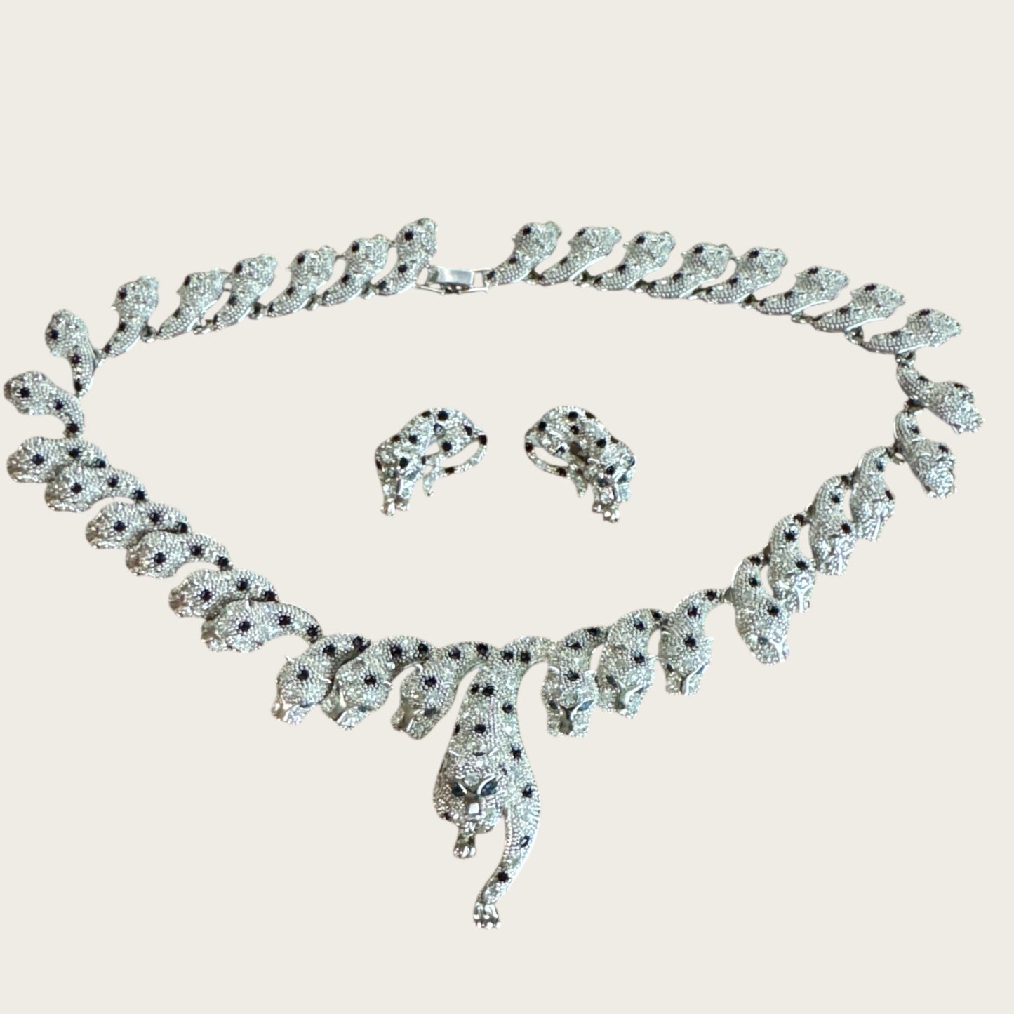 The Sapphire Leopard — Articulated Leopard Necklace & Clip-On Earrings Set (Unsigned, Vintage)
