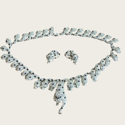 The Sapphire Leopard — Articulated Leopard Necklace & Clip-On Earrings Set (Unsigned, Vintage)