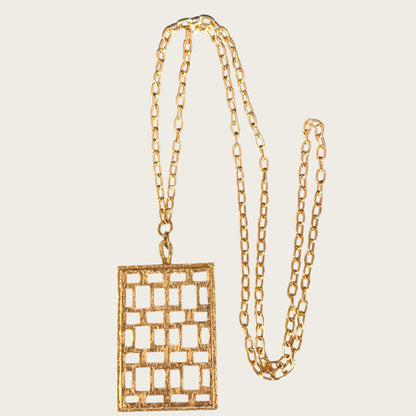 Vintage Park Lane Open Grid Pendant Necklace – Textured Goldtone