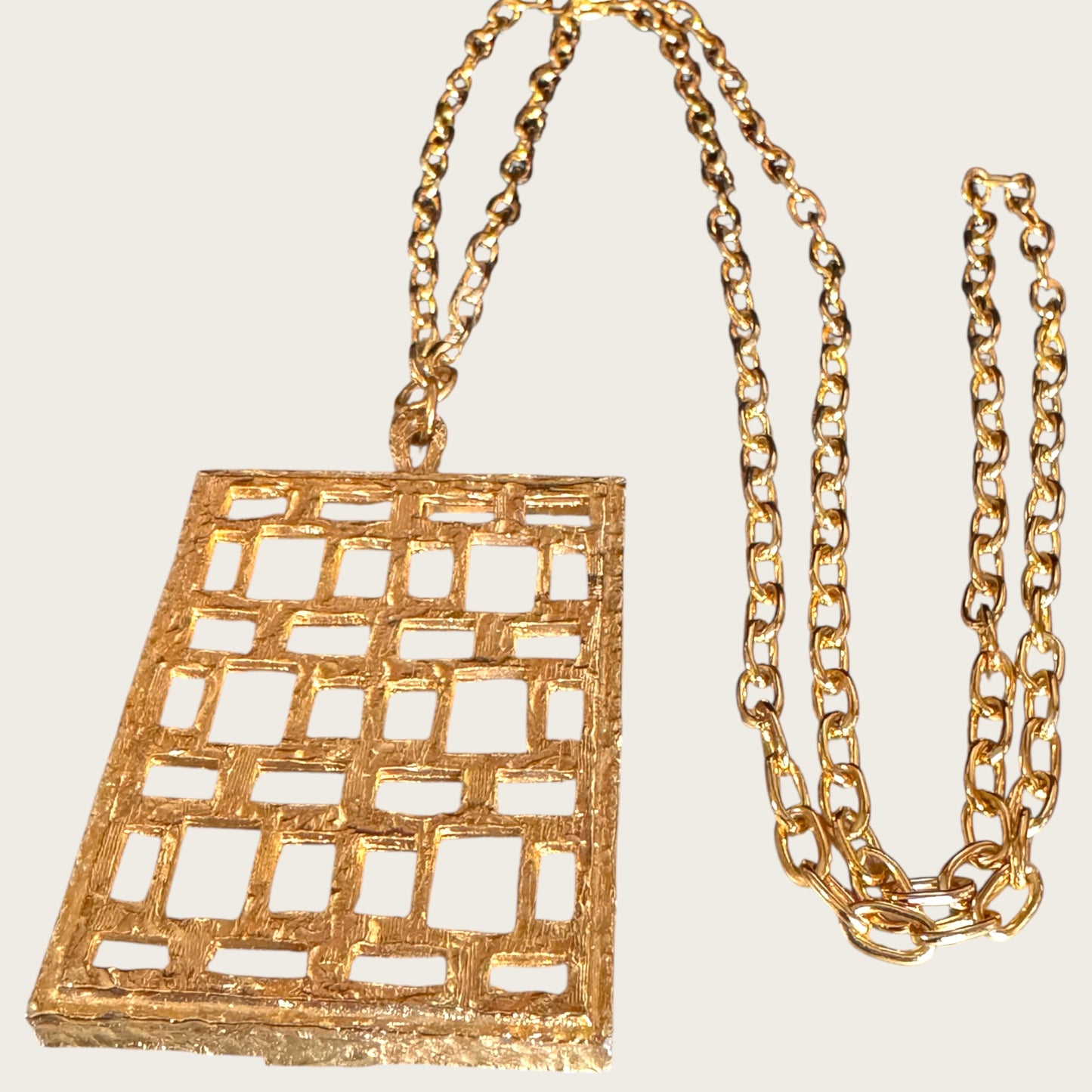 Vintage Park Lane Open Grid Pendant Necklace – Textured Goldtone