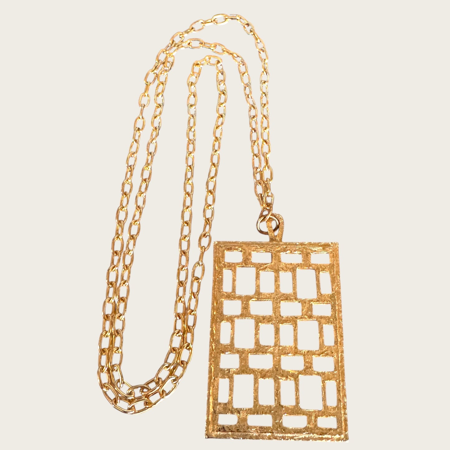 Vintage Park Lane Open Grid Pendant Necklace – Textured Goldtone