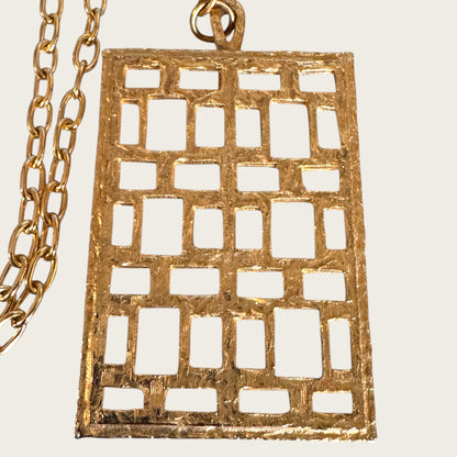 Vintage Park Lane Open Grid Pendant Necklace – Textured Goldtone