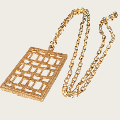 Vintage Park Lane Open Grid Pendant Necklace – Textured Goldtone