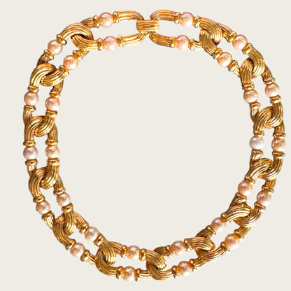 Vintage Nolan Miller Couture Ribbed Gold Link & Faux Pearl Necklace