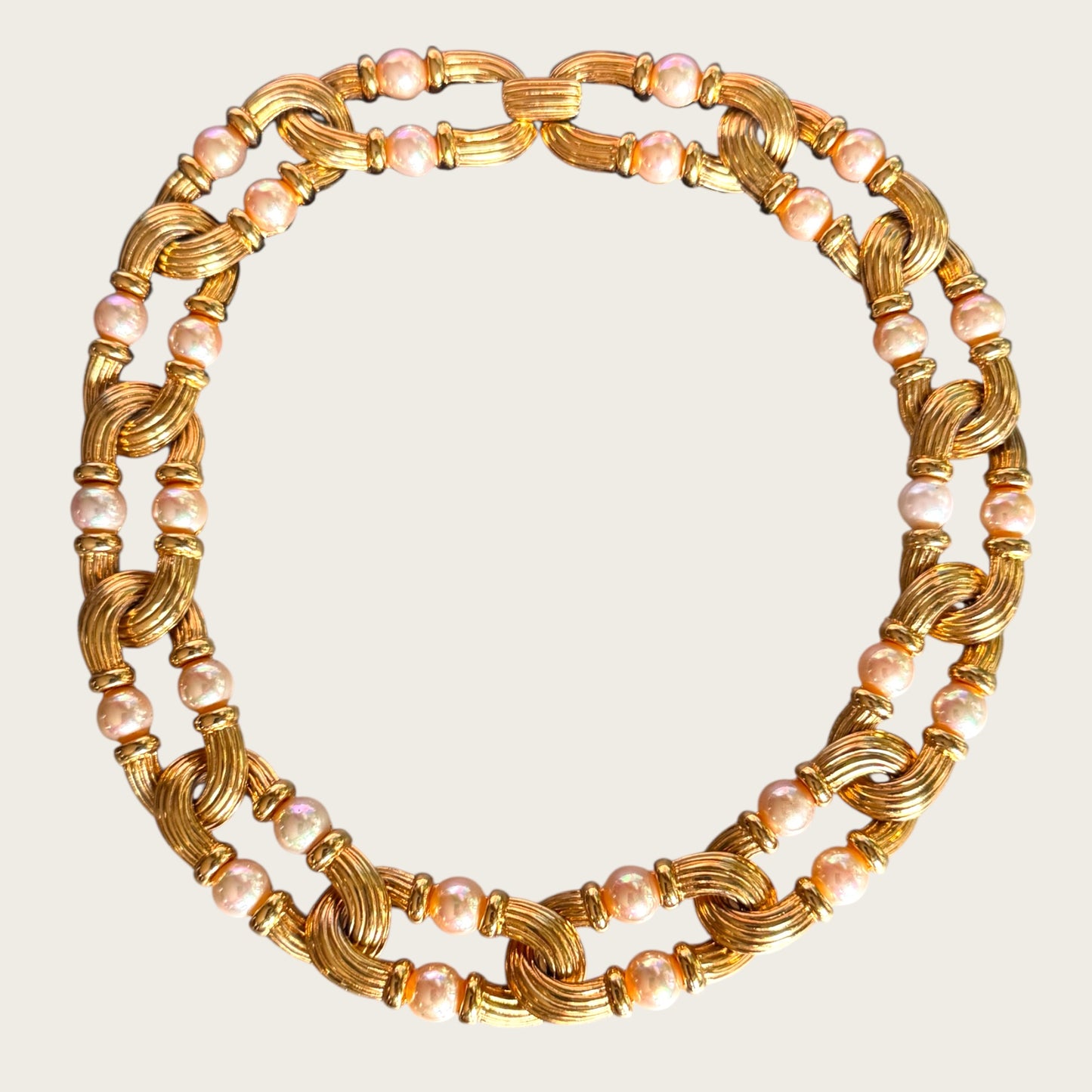 Vintage Nolan Miller Couture Ribbed Gold Link & Faux Pearl Necklace