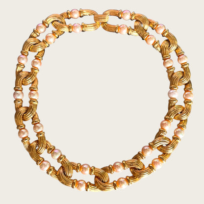 Vintage Nolan Miller Couture Ribbed Gold Link & Faux Pearl Necklace