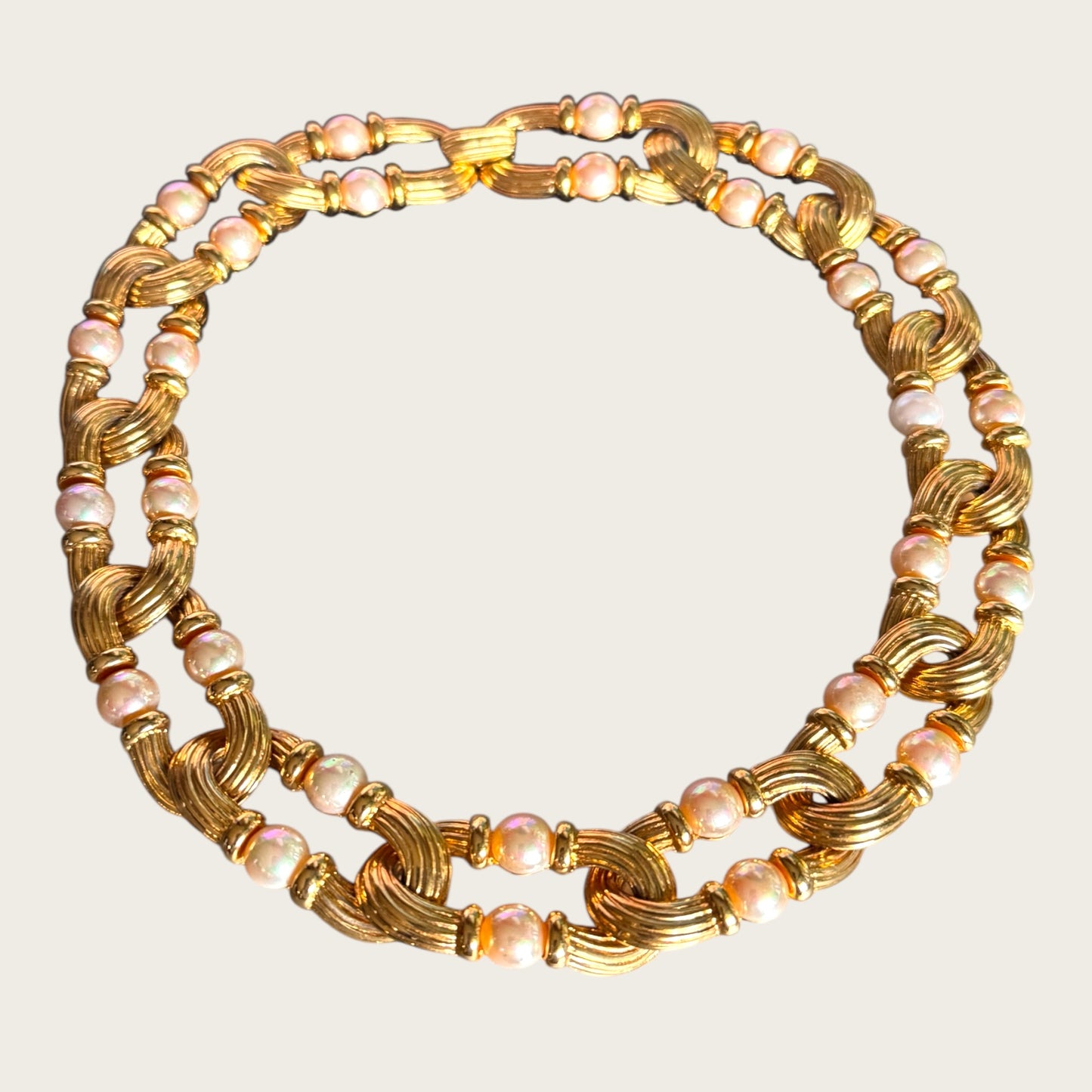 Vintage Nolan Miller Couture Ribbed Gold Link & Faux Pearl Necklace