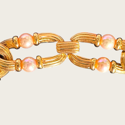 Vintage Nolan Miller Couture Ribbed Gold Link & Faux Pearl Necklace