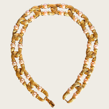Vintage Nolan Miller Couture Ribbed Gold Link & Faux Pearl Necklace
