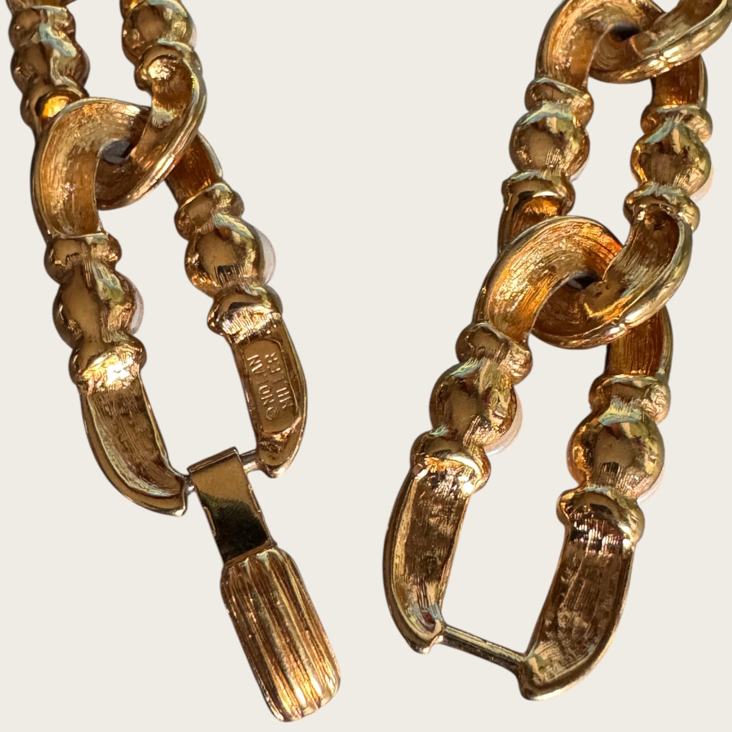 Vintage Nolan Miller Couture Ribbed Gold Link & Faux Pearl Necklace
