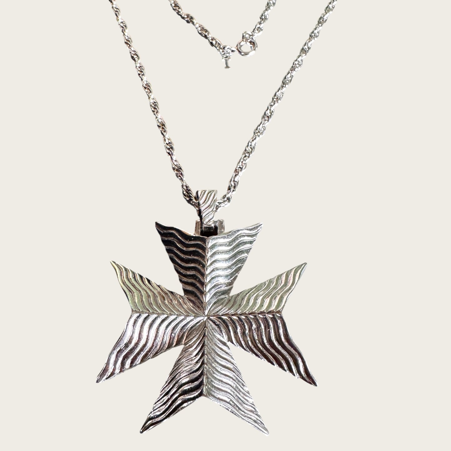 Vintage Trifari Maltese Cross Pendant Necklace – Sculptural Silver-Tone Statement