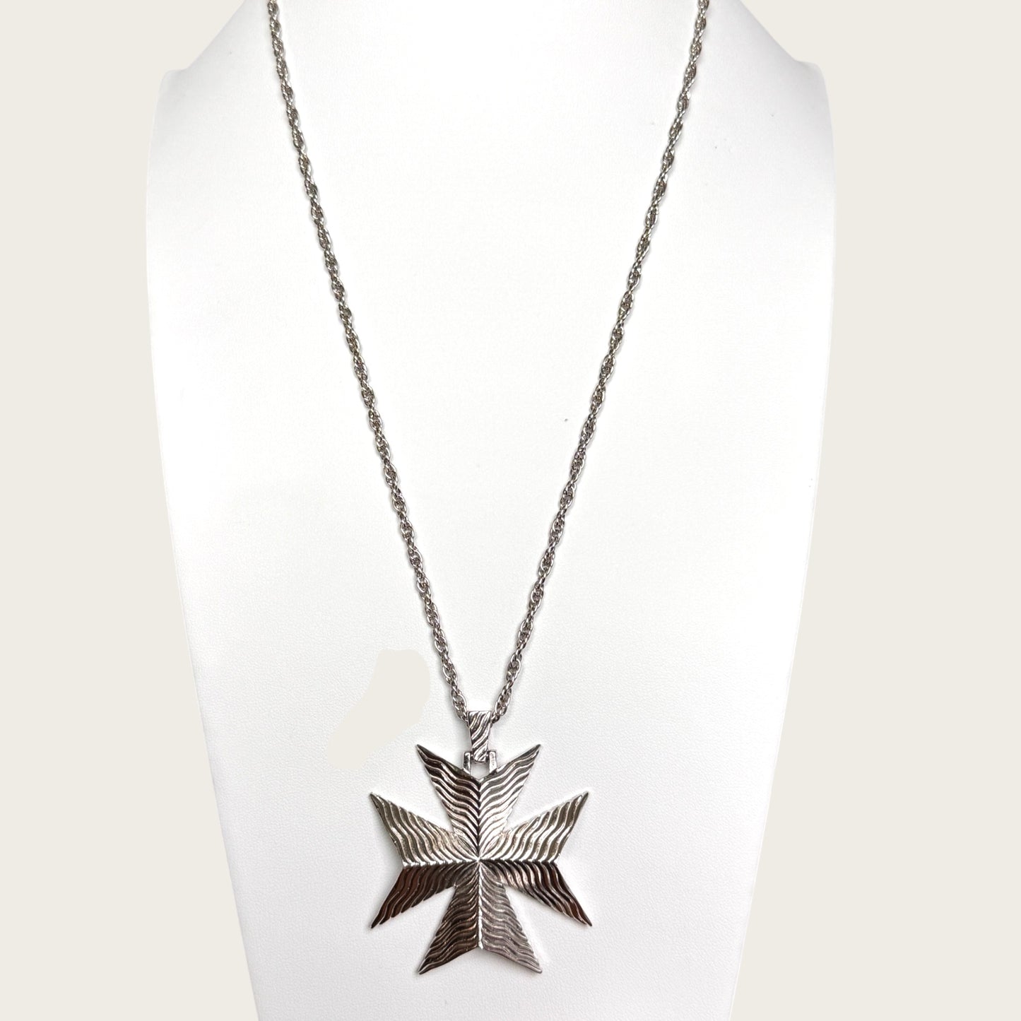 Vintage Trifari Maltese Cross Pendant Necklace – Sculptural Silver-Tone Statement