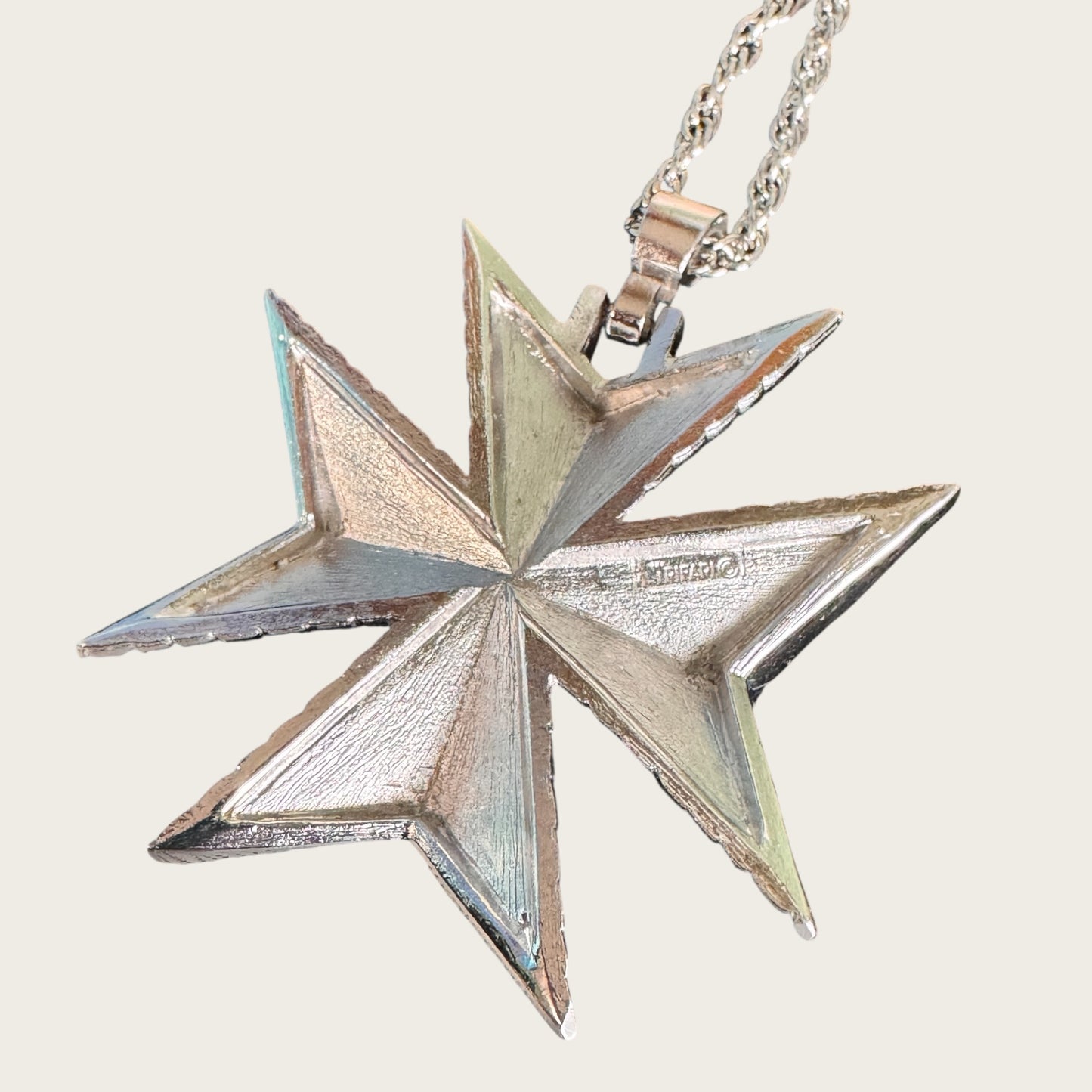 Vintage Trifari Maltese Cross Pendant Necklace – Sculptural Silver-Tone Statement