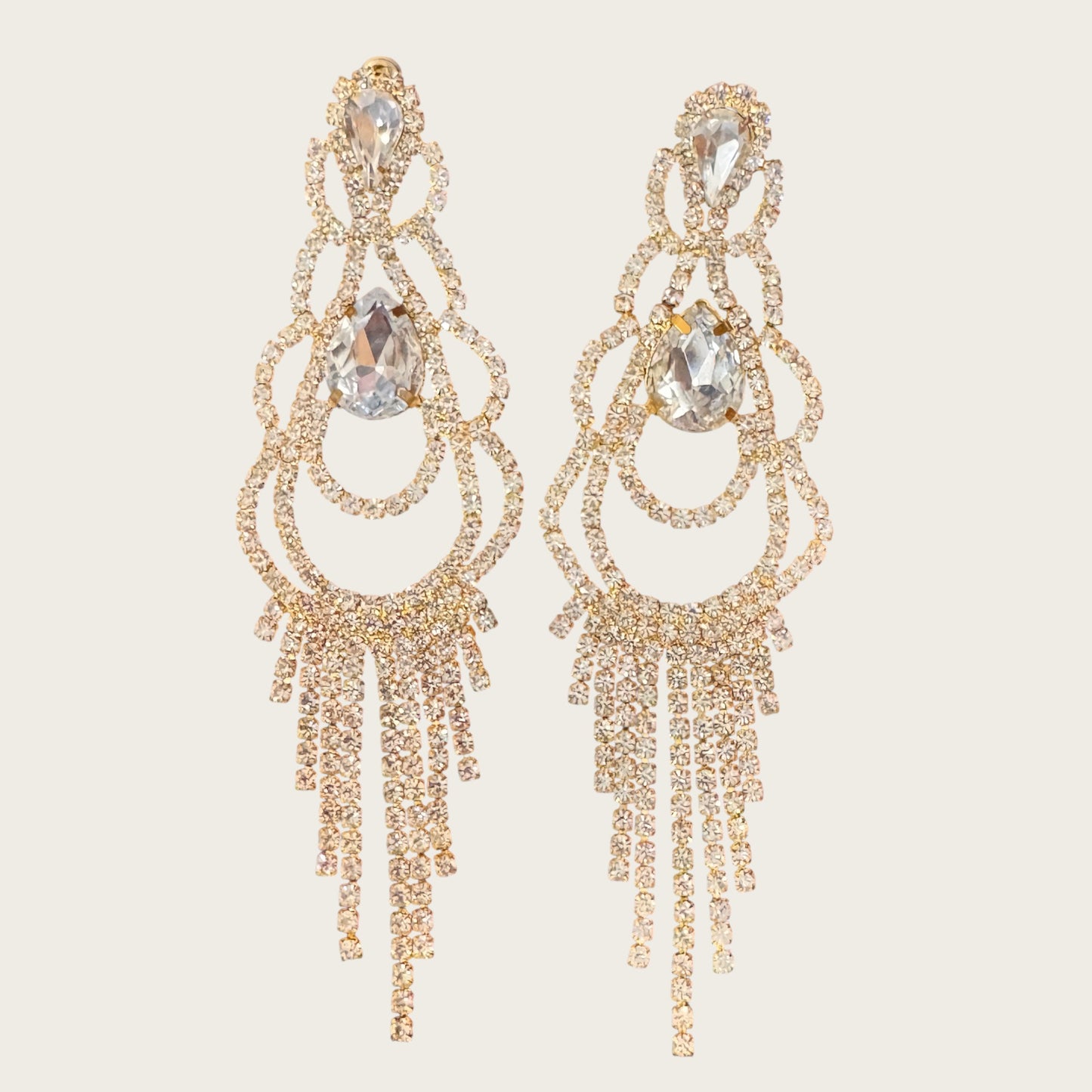 Vintage Rhinestone Chandelier Statement Earrings – Gold Tone Prong Set Crystal Fringe