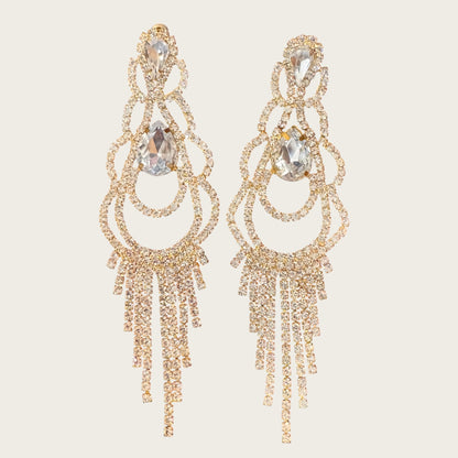 Vintage Rhinestone Chandelier Statement Earrings – Gold Tone Prong Set Crystal Fringe