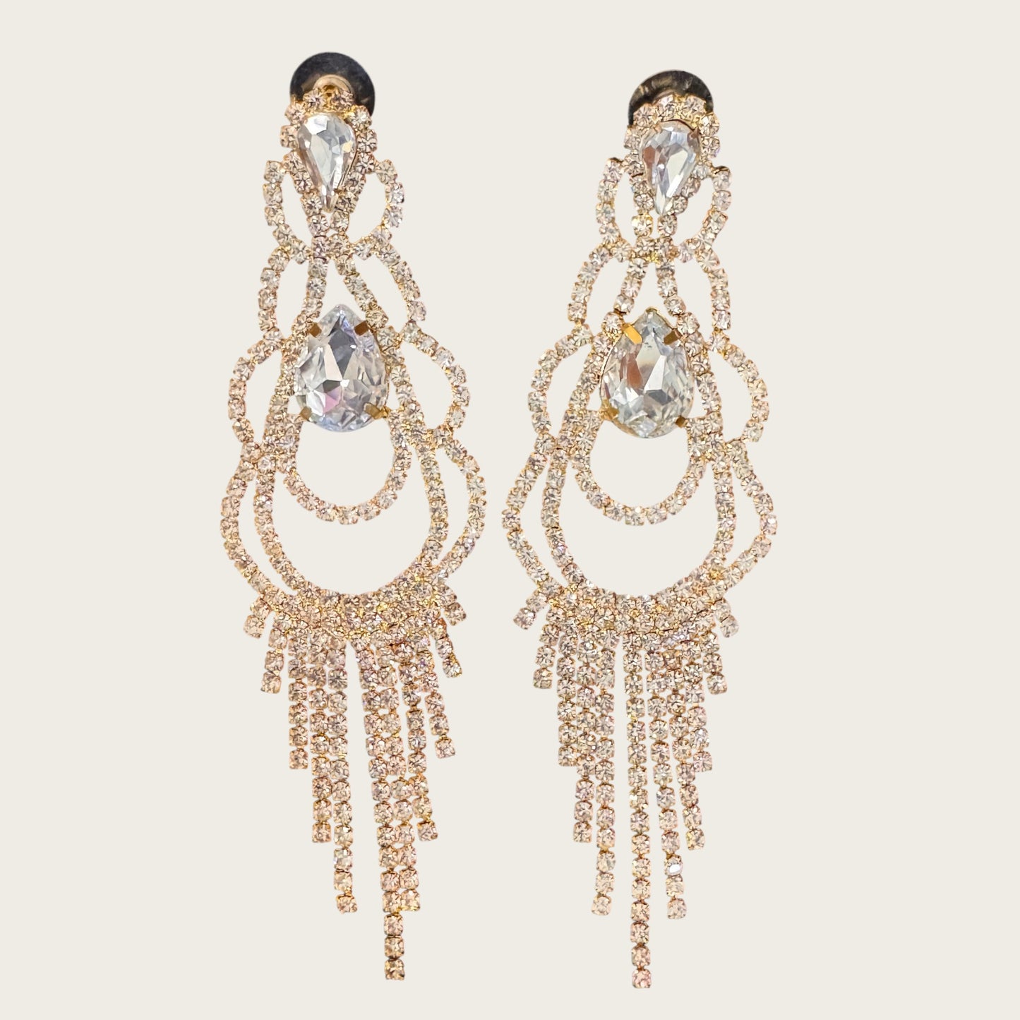 Vintage Rhinestone Chandelier Statement Earrings – Gold Tone Prong Set Crystal Fringe