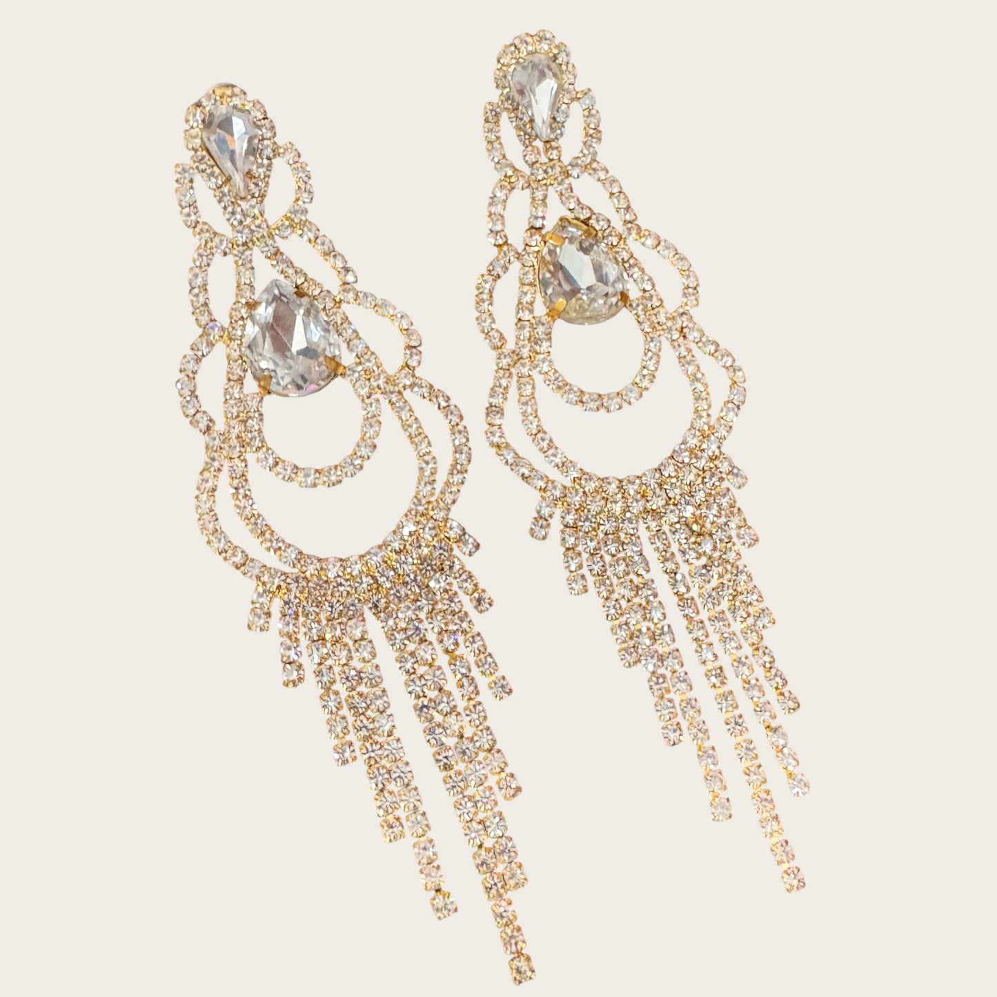 Vintage Rhinestone Chandelier Statement Earrings – Gold Tone Prong Set Crystal Fringe
