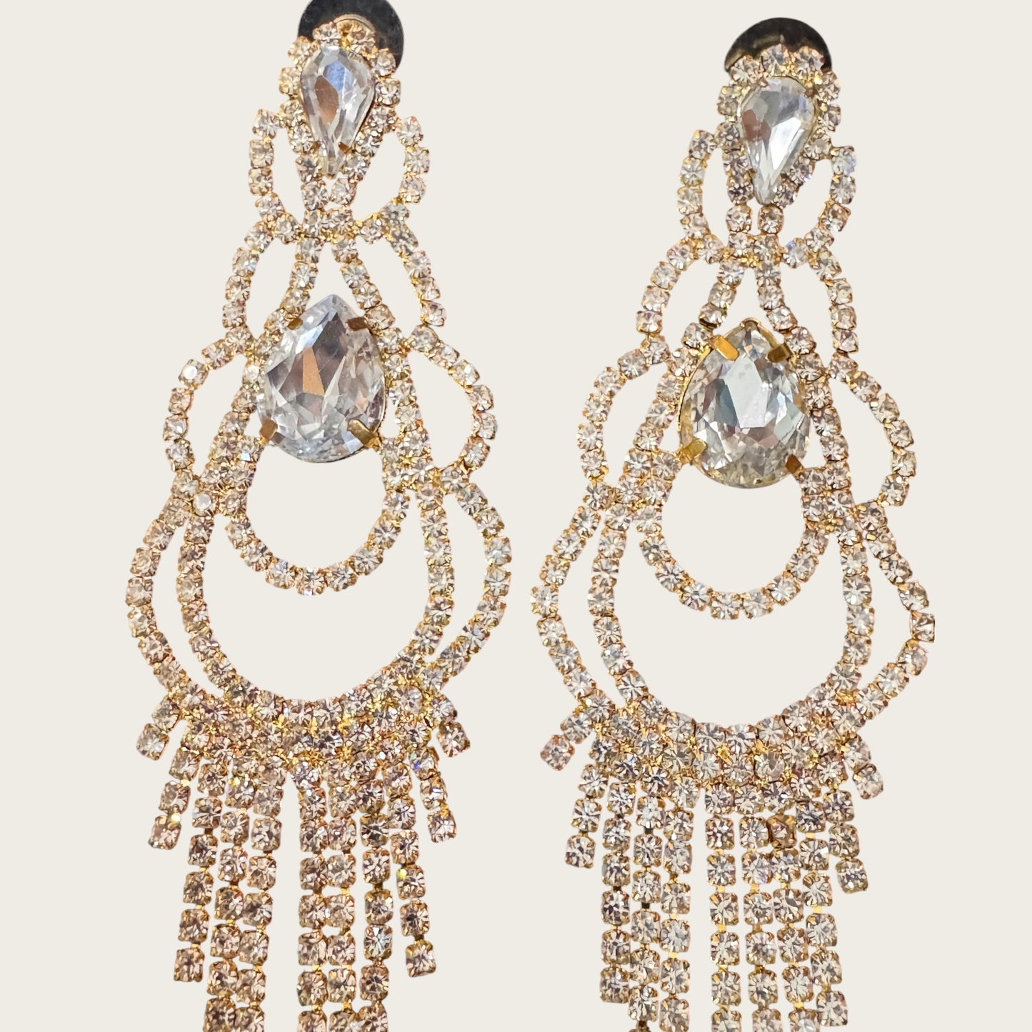 Vintage Rhinestone Chandelier Statement Earrings – Gold Tone Prong Set Crystal Fringe