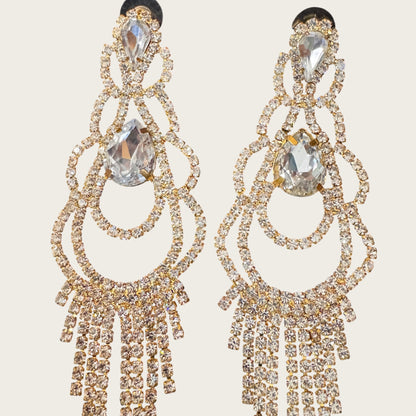 Vintage Rhinestone Chandelier Statement Earrings – Gold Tone Prong Set Crystal Fringe