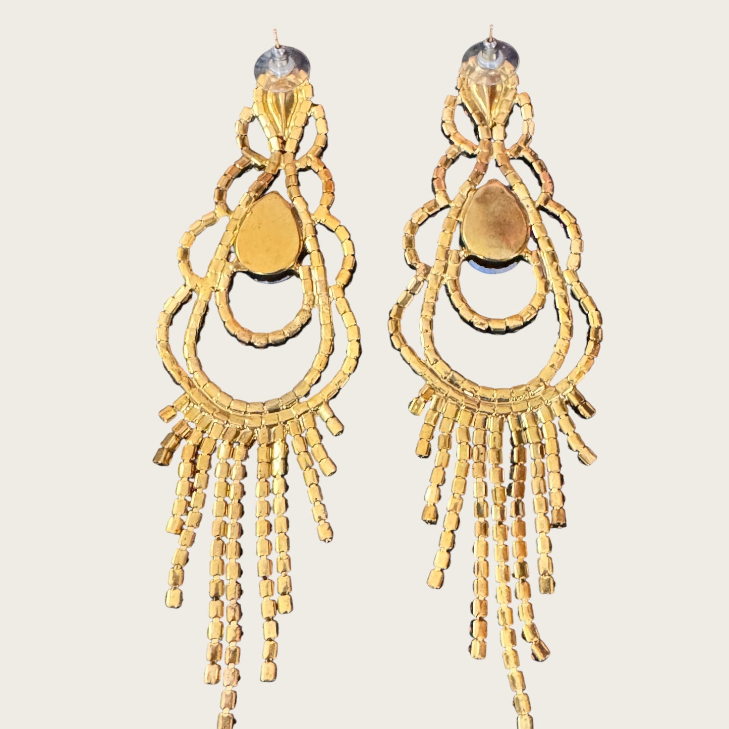 Vintage Rhinestone Chandelier Statement Earrings – Gold Tone Prong Set Crystal Fringe