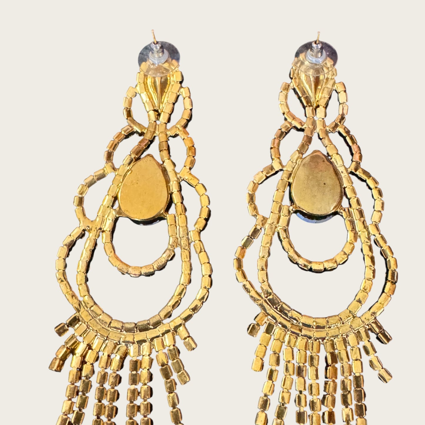 Vintage Rhinestone Chandelier Statement Earrings – Gold Tone Prong Set Crystal Fringe