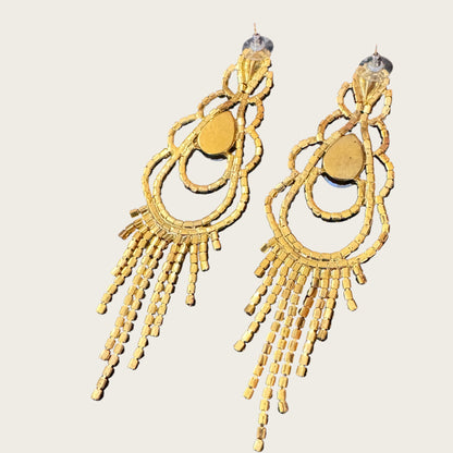 Vintage Rhinestone Chandelier Statement Earrings – Gold Tone Prong Set Crystal Fringe