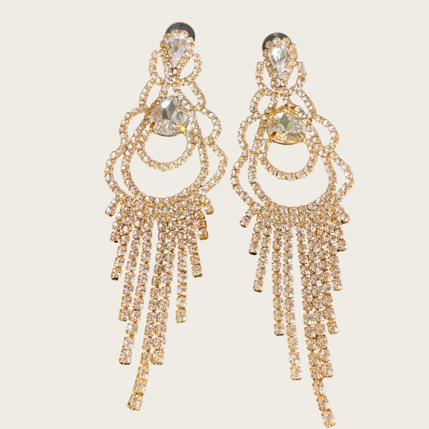 Vintage Rhinestone Chandelier Statement Earrings – Gold Tone Prong Set Crystal Fringe