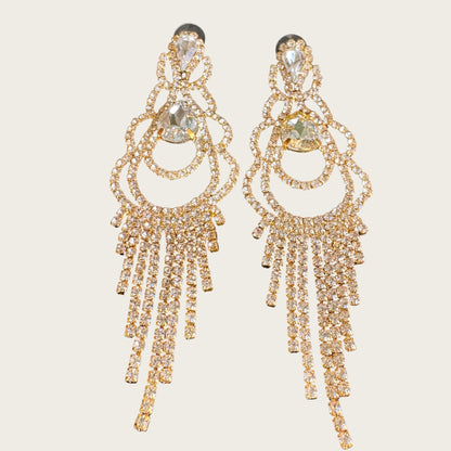 Vintage Rhinestone Chandelier Statement Earrings – Gold Tone Prong Set Crystal Fringe