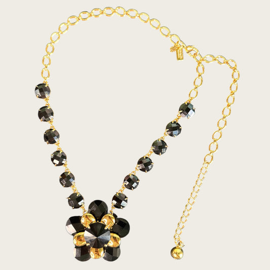 Kate Spade New York Black Floral Rivoli Statement Necklace – Sculptural Lucite & Crystal Design