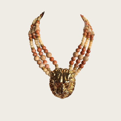 Vintage Artisan Triple Strand Natural Stone Lion Pendant Necklace