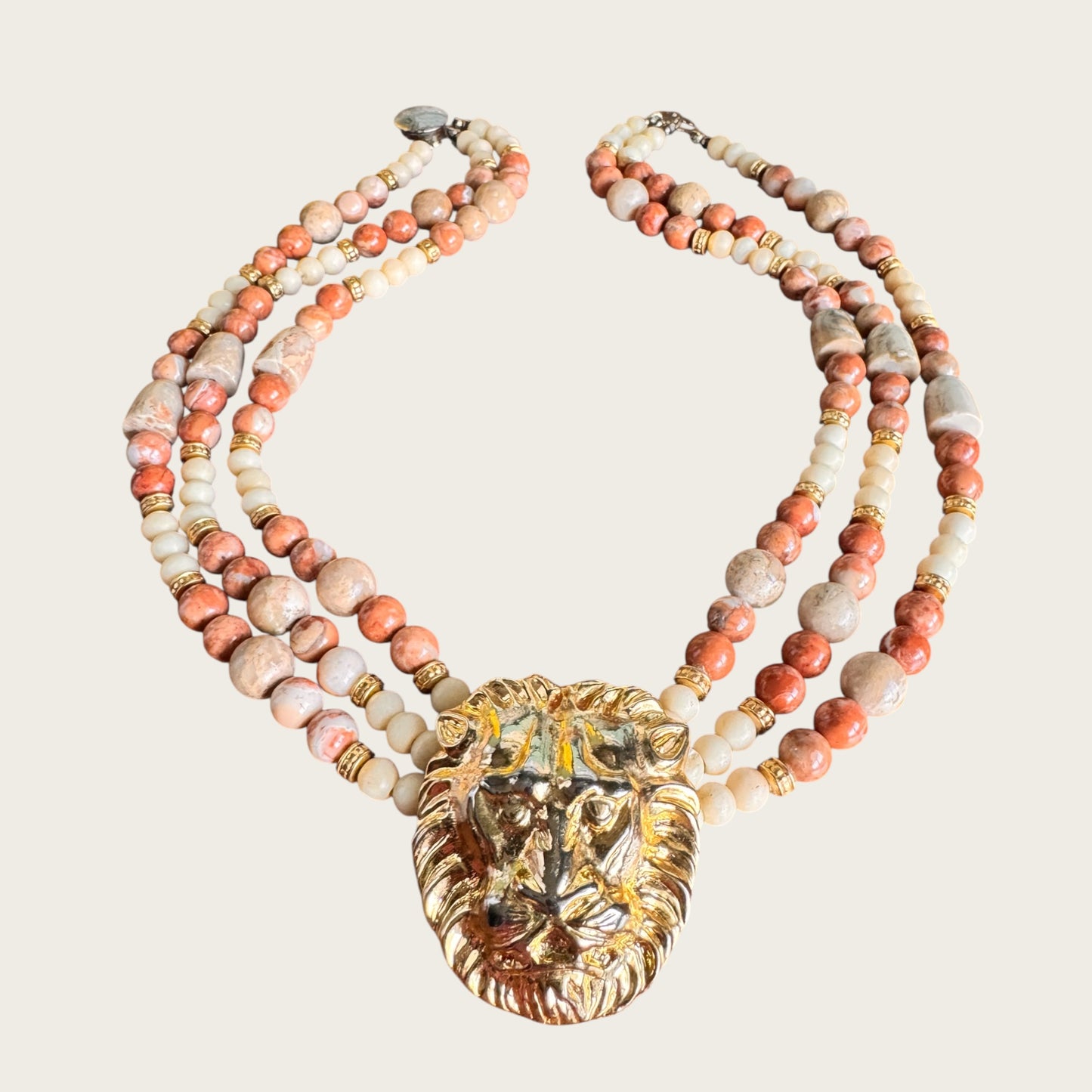 Vintage Artisan Triple Strand Natural Stone Lion Pendant Necklace