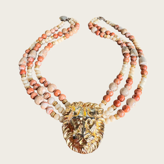 Vintage Artisan Triple Strand Natural Stone Lion Pendant Necklace