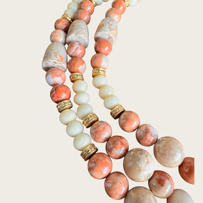 Vintage Artisan Triple Strand Natural Stone Lion Pendant Necklace