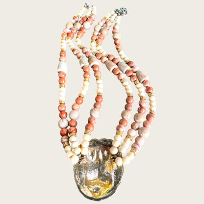 Vintage Artisan Triple Strand Natural Stone Lion Pendant Necklace