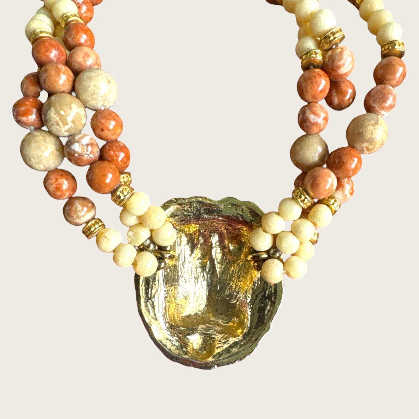 Vintage Artisan Triple Strand Natural Stone Lion Pendant Necklace