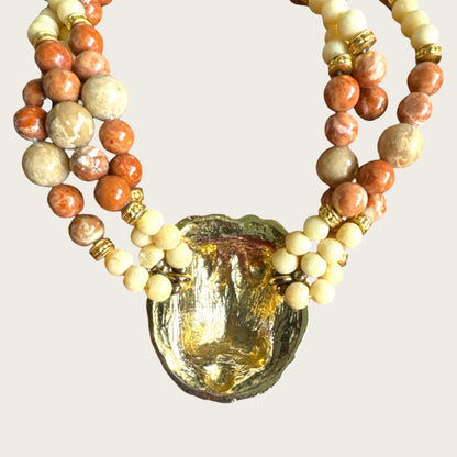 Vintage Artisan Triple Strand Natural Stone Lion Pendant Necklace